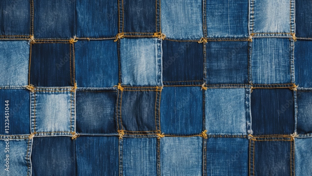 Aufkleber denim patchwork fabric background featuring various shades of blue arranged in a grid pattern with y