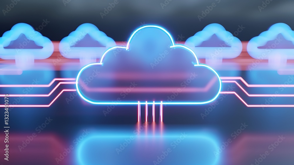 Poster neon cloud technology concept with circuit lines on reflective surface for digital innovation and co