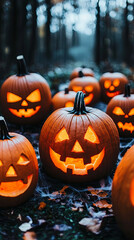 Fototapeta premium Spooky Carved Pumpkins Illuminated in a Dark Forest During Halloween Festivities in the Evening