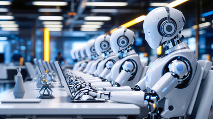 Fototapeta premium Robots equipped with advanced technology work in unison within a futuristic office setting, illustrating automation and artificial intelligence in action.