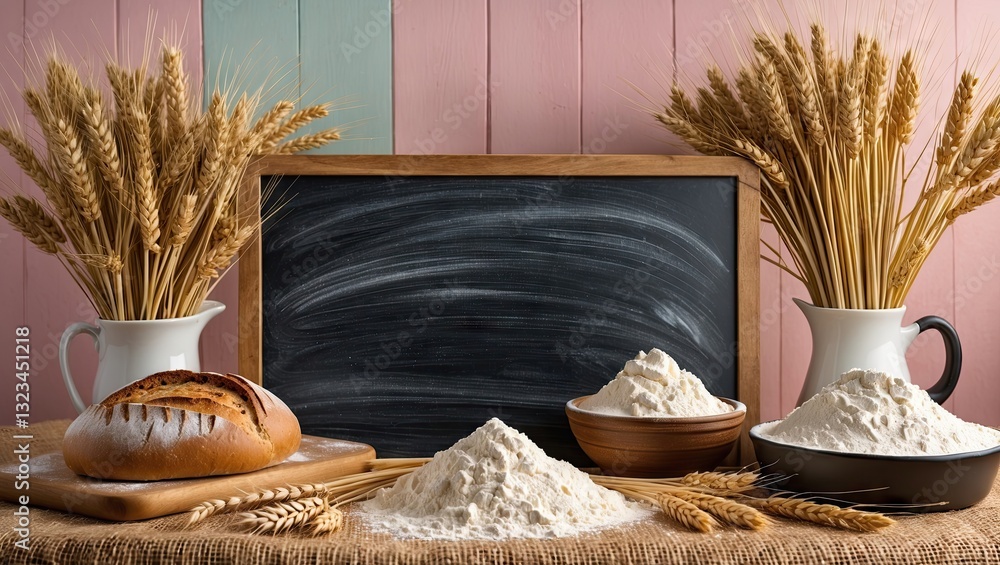 Poster natural rustic kitchen scene featuring flour and whole wheat bread on a burlap tablecloth with a cha