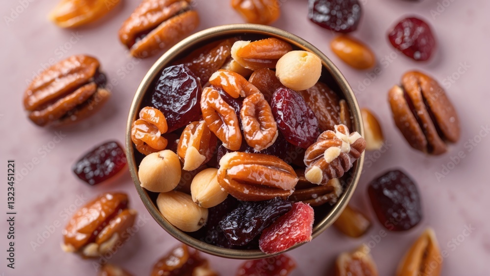Poster high angle view of a metal bowl filled with candied nuts and dried fruits against a soft pastel back