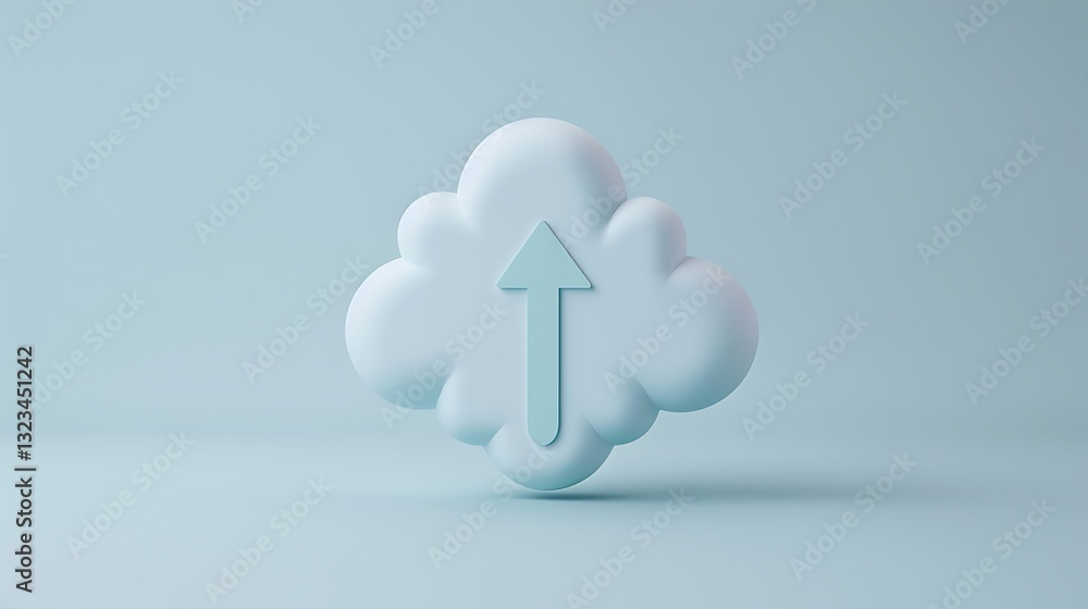 Poster soft blue cloud icon with upload arrow on a light background illustrating data transfer concept
