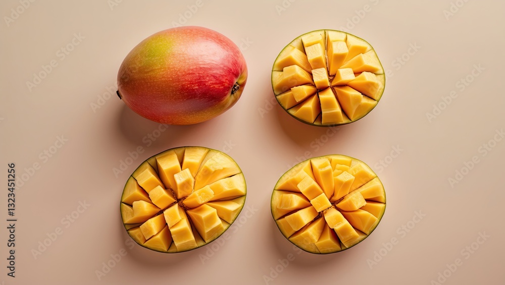 Poster four mango slices arranged on a light pastel background, featuring one whole mango in the upper left