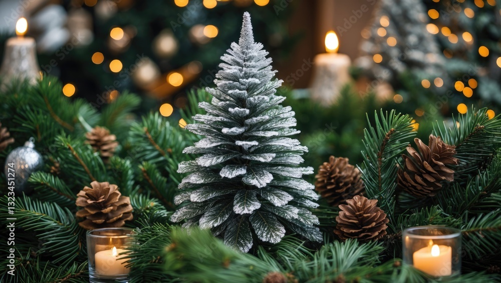 Aufkleber Decorative pine cone centerpiece surrounded by festive greenery and illuminated candles creating a warm holiday atmosphere with soft lighting.