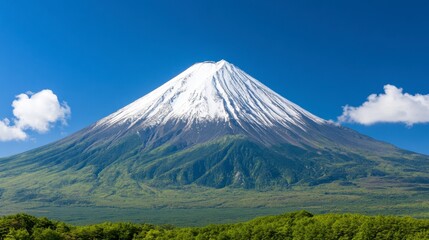 Majestic snow capped mountain peak against a vibrant blue sky, lush green foothills, and a few fluffy clouds. A stunning natural landscape.