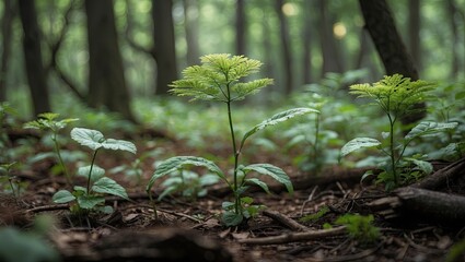 Obraz premium Lush green forest floor with ferns and small plants illuminated by soft sunlight creating a serene woodland atmosphere in blurred background.