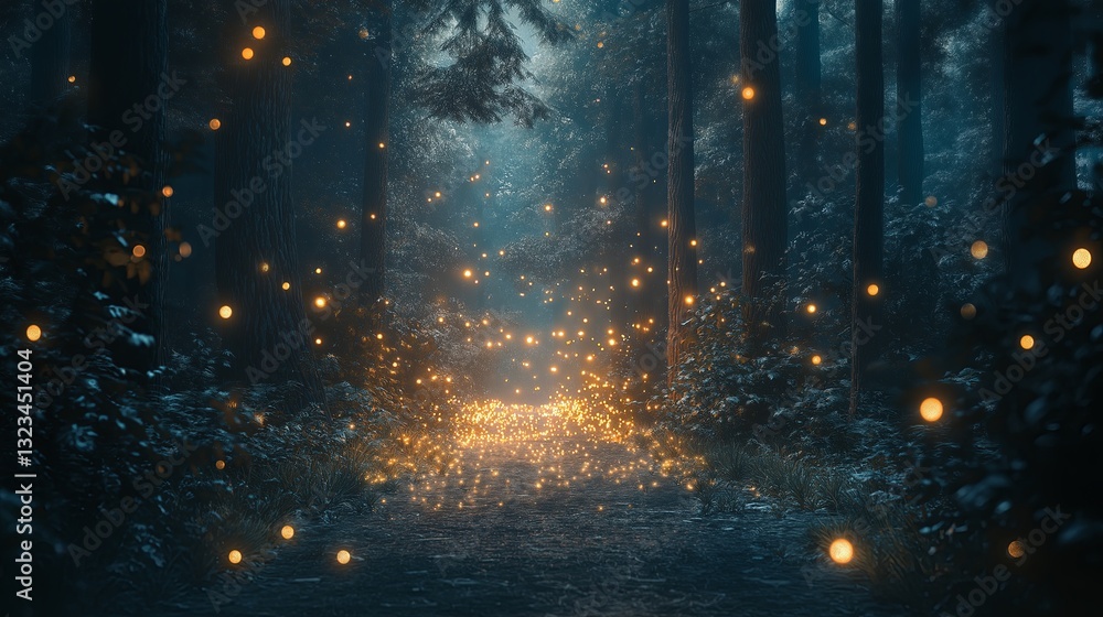 Poster a mystical glowing forest path leading to an unknown destination
