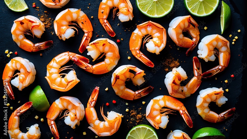 Poster Grilled tiger shrimp arranged on a black backdrop with lime slices and spices. Top view with ample negative space for text inclusion.