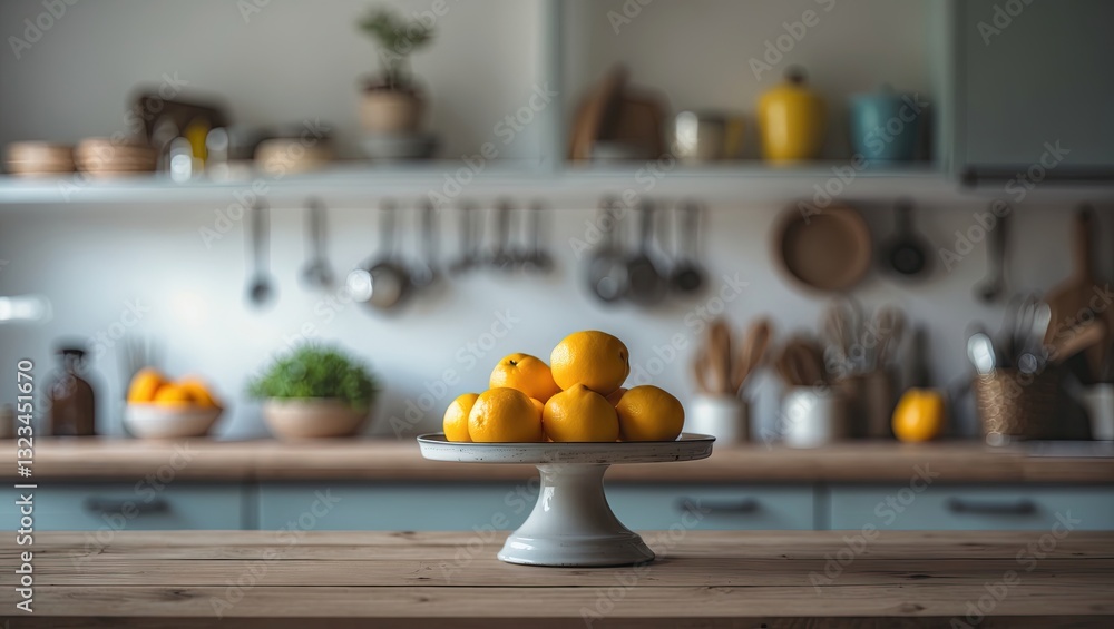 Aufkleber plate of fresh lemons on a wooden table with a softly blurred kitchen background featuring shelves w