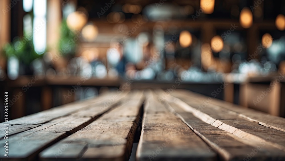 Poster close-up of a rustic wooden table with soft focus background of warm-toned cafã© lights and greenery