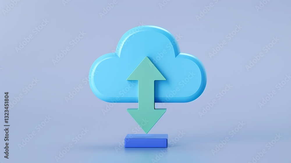 Poster three-dimensional cloud icon with arrow representing data upload and download on a soft blue backgro