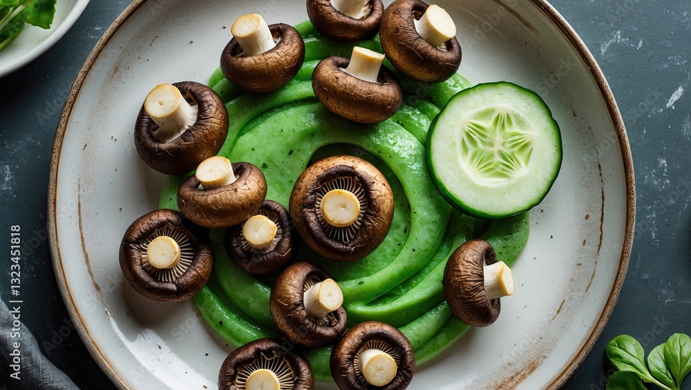 Aufkleber mushrooms on vibrant green puree with cucumber slices arranged artistically on a rustic plate agains