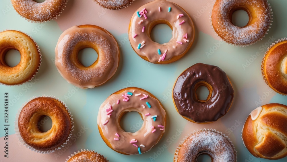 Poster assorted glazed donuts and muffins in pastel colors arranged on a soft pastel background with sprink
