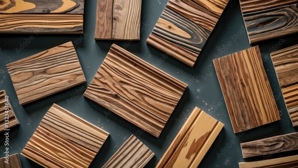 Poster high angle view of various imitation wood pieces in rich brown and tan colors scattered on a dark fi