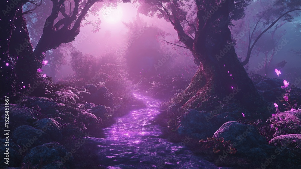 Poster a mystical glowing forest path leading to an unknown destination