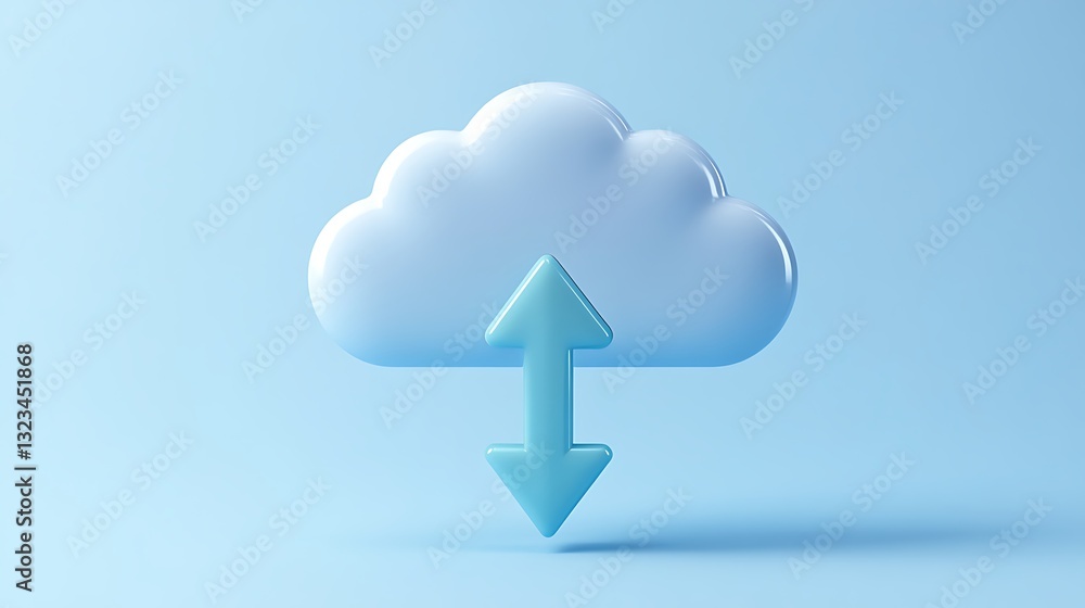 Poster three-dimensional cloud icon with arrows symbolizing data upload and download in a soft blue backgro
