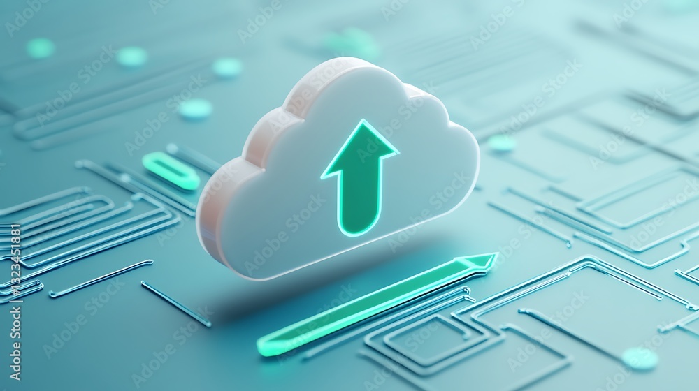 Poster three-dimensional cloud icon with up arrow on futuristic tech background for digital growth concept