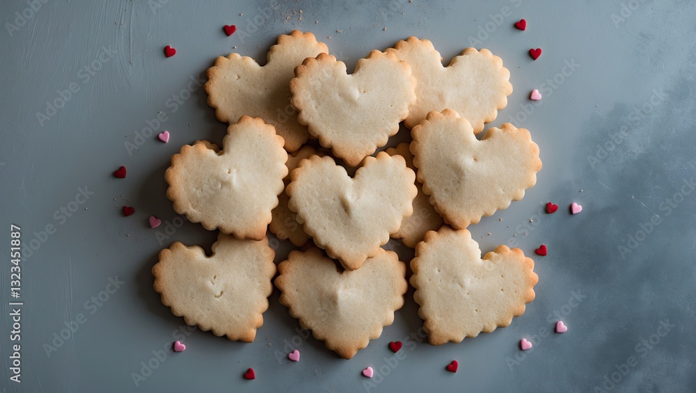 Poster heart-shaped cookies arranged playfully on a gray surface surrounded by small colorful candy hearts 