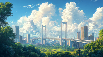 Obraz premium Cityscape with Modern CableStayed Bridge under a Bright Sunny Sky