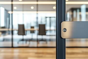 A close-up view of a polished door handle with a modern office space visible in the background, featuring glass walls and minimalistic design.