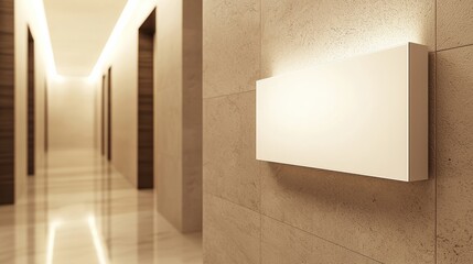 A modern hallway with sleek walls and warm lighting, featuring a blank sign on the wall, creating a minimalist and elegant atmosphere.