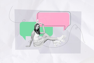 Art 3d sketch photo image collage of happy cute girl wear rabbit headband roller-skates bubble...