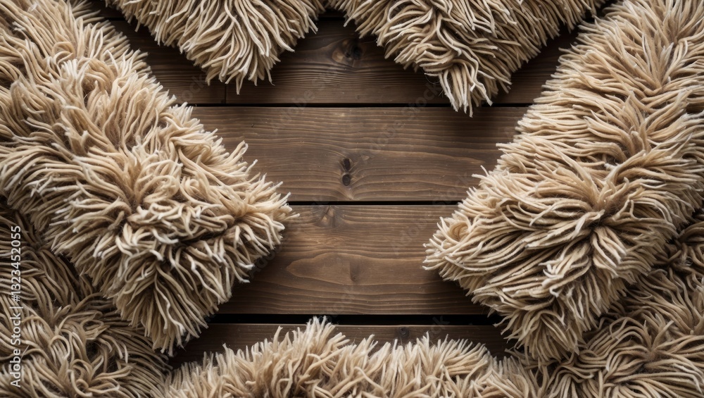 Aufkleber fuzzy beige carpet pieces arranged in a star shape on a dark wooden surface with ample space for tex