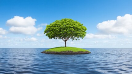 Single green tree on a small island in a blue ocean under a bright sky with fluffy white clouds. Tranquil and serene landscape.