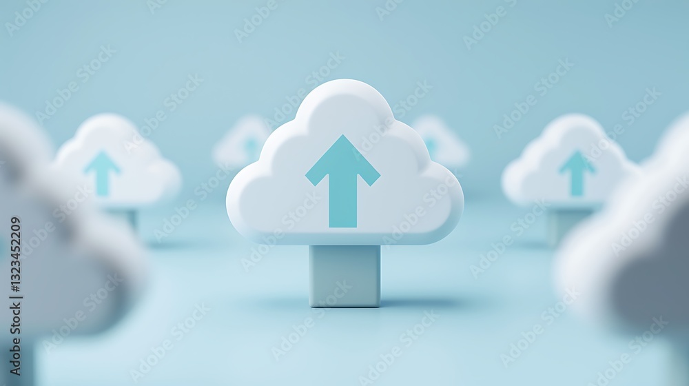 Poster three-dimensional representation of cloud computing with upload symbol against a light blue backdrop