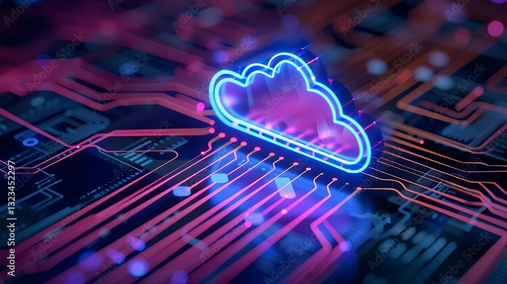 Poster vibrant cloud icon on circuit board background representing digital technology and data connectivity