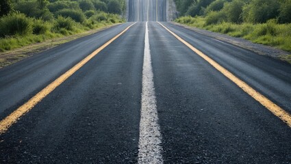 Obraz premium Asphalt road leading into the distance with a single white line center, bordered by green foliage on both sides, ideal for text overlay.