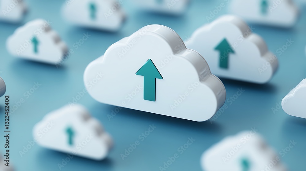 Poster white cloud icons with upward arrows on blue background representing cloud storage and data upload c