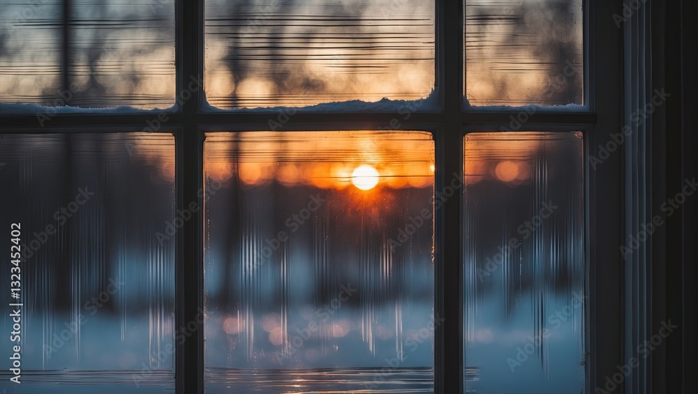 Poster winter sunset viewed through a frosted window with horizontal lines; warm orange and cool blue hues 