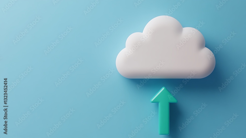 Poster white cloud with green arrow pointing upwards on a light blue background representing data upload an