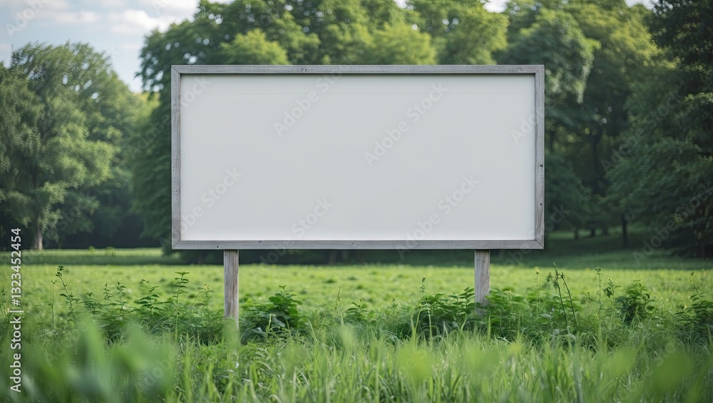 Poster empty vertical advertising signboard positioned in the center of a lush green field with trees blurr