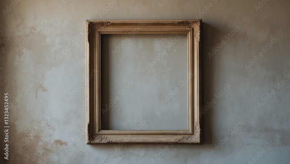 Poster empty wooden picture frame centered on a textured beige wall with subtle cracks and faded colors, cr