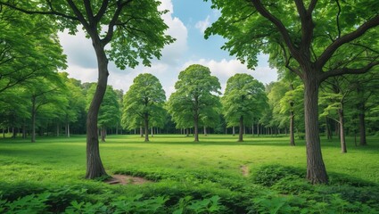 Lush green trees amid vibrant summer foliage in a sunny park, arranged in a symmetrical setup with clear blue sky and soft clouds in the background.