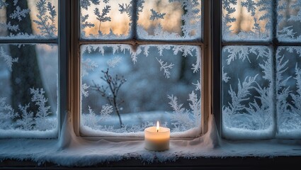 Cozy winter scene featuring a single lit white candle on snow-covered windowsill framed by frosted leaves, with a serene blue and orange background.