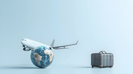Airplane Flying Above Pixelated Globe With Gray Suitcase on Light Blue Background