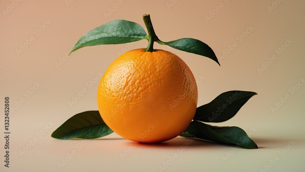 Poster vibrant orange fruit with green leaves positioned centrally on a smooth pastel background creating a