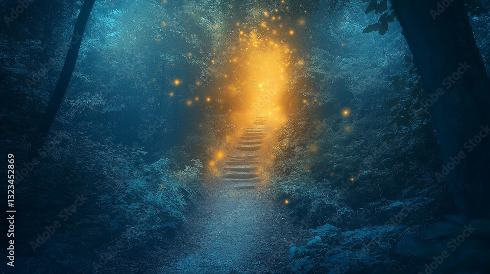 Poster a mystical glowing forest path leading to an unknown destination