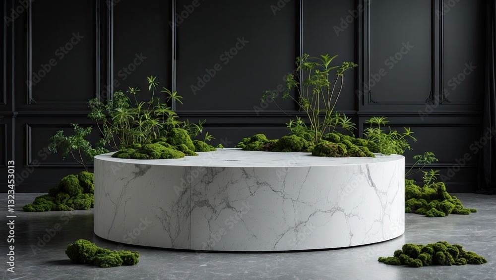 Poster minimalistic round marble display podium with fresh green moss against a dark background, soft backl