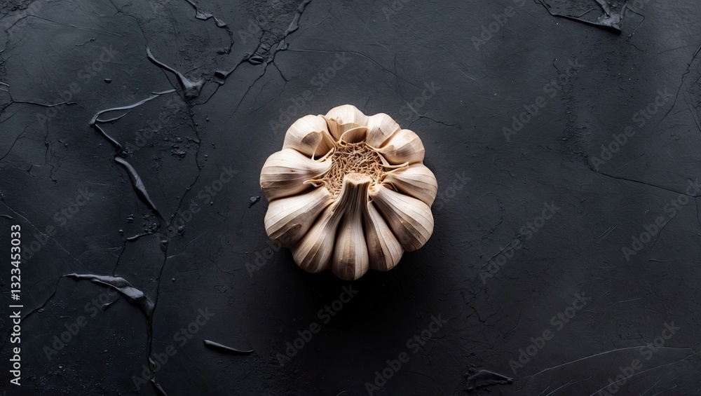 Poster dried garlic bulb centered on a dark textured black background showcasing earthy tones and natural d