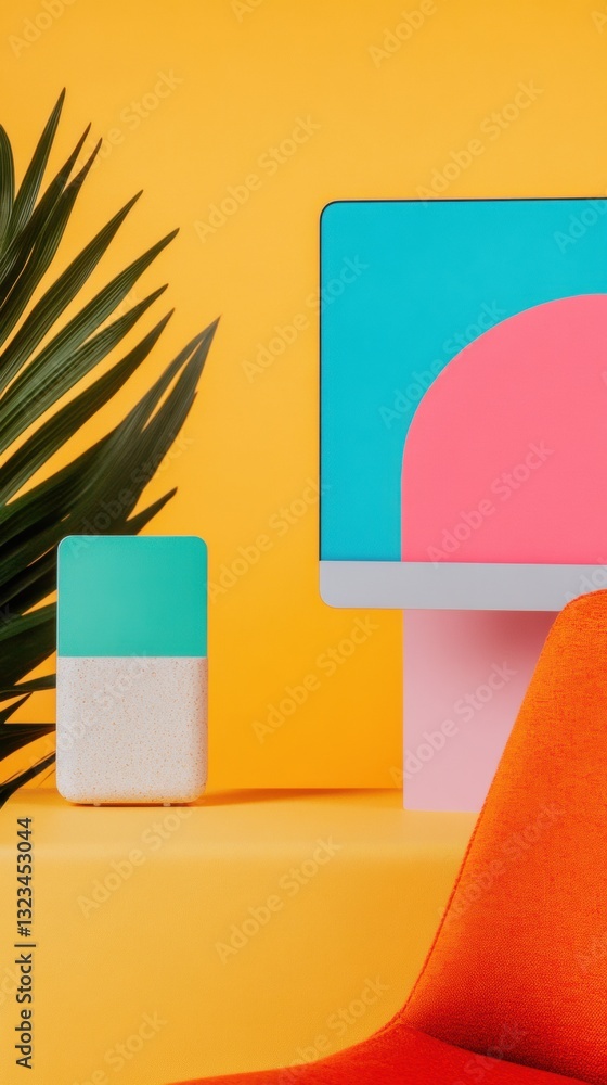 Aufkleber Memphis-Inspired Digital Design Mockup Bold Color-Block Tech Workspace with Palm Leaf - Trendsetting Creative Studio Aesthetic for GenZ Marketing Visuals