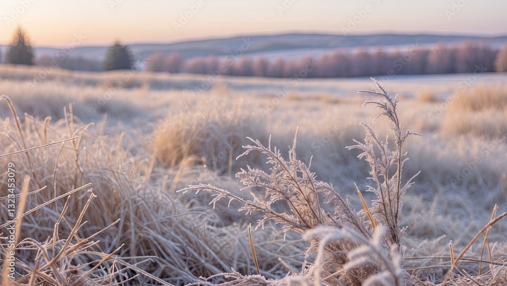 Poster frost-covered dry grass in the foreground with a soft pastel winter landscape and distant trees in t