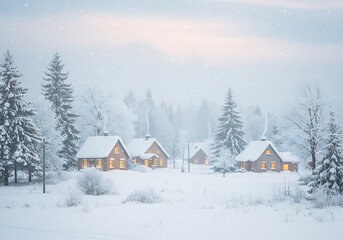 Fototapeta premium Serene snow covered cabins glow softly under a pale winter sky. AI Generated
