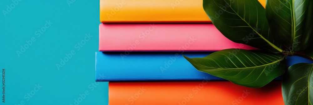 Aufkleber Vibrant Minimalist Color Block Design Modern Creative Studio Backdrop with Tropical Leaf - Digital Content Creation and Trendsetting Visual Composition