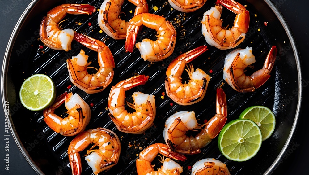 Poster Grilled tiger shrimp arranged in a grid pattern with lime slices on a black grilling surface, top view with space for text, vibrant colors.
