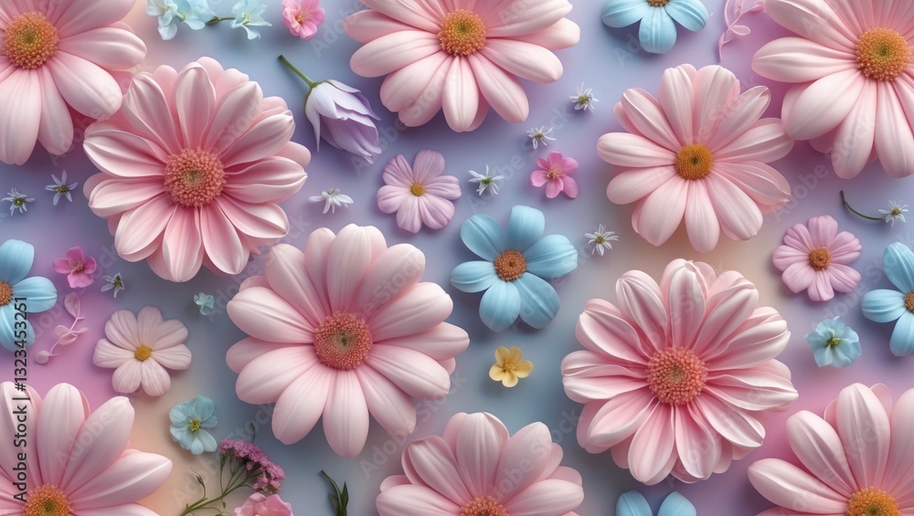 Poster pastel floral background with intricate pink and blue flowers arranged on a soft gradient backdrop, 